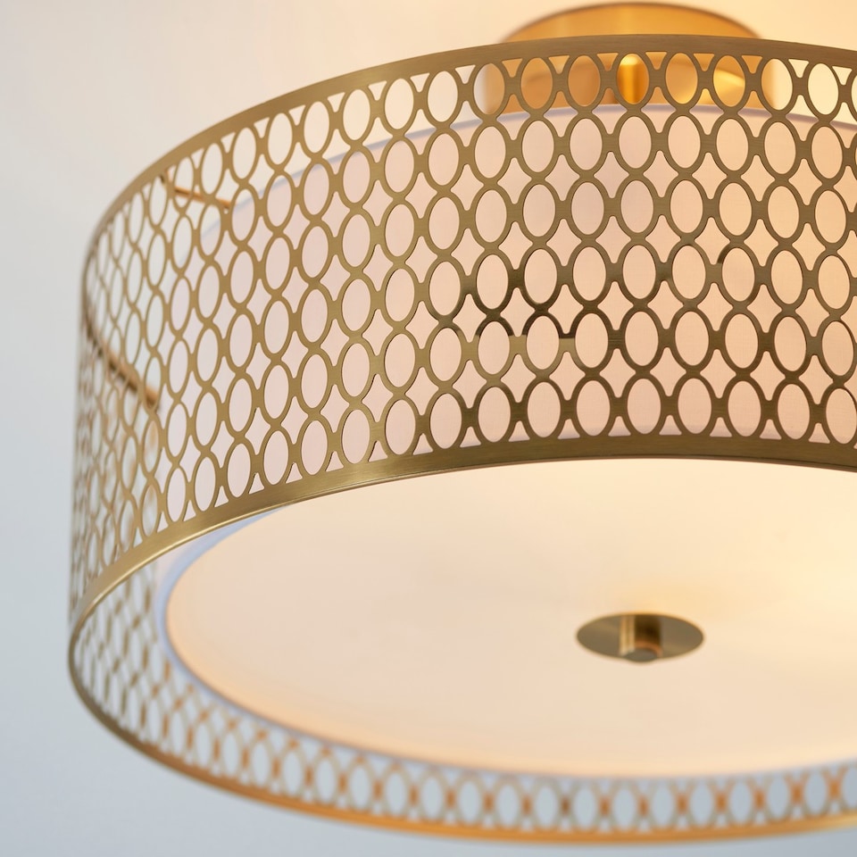 image 1 of Cordero Decorative Flush Ceiling Lamp, Gold Effect Plate, White Fabric, Frosted Glass