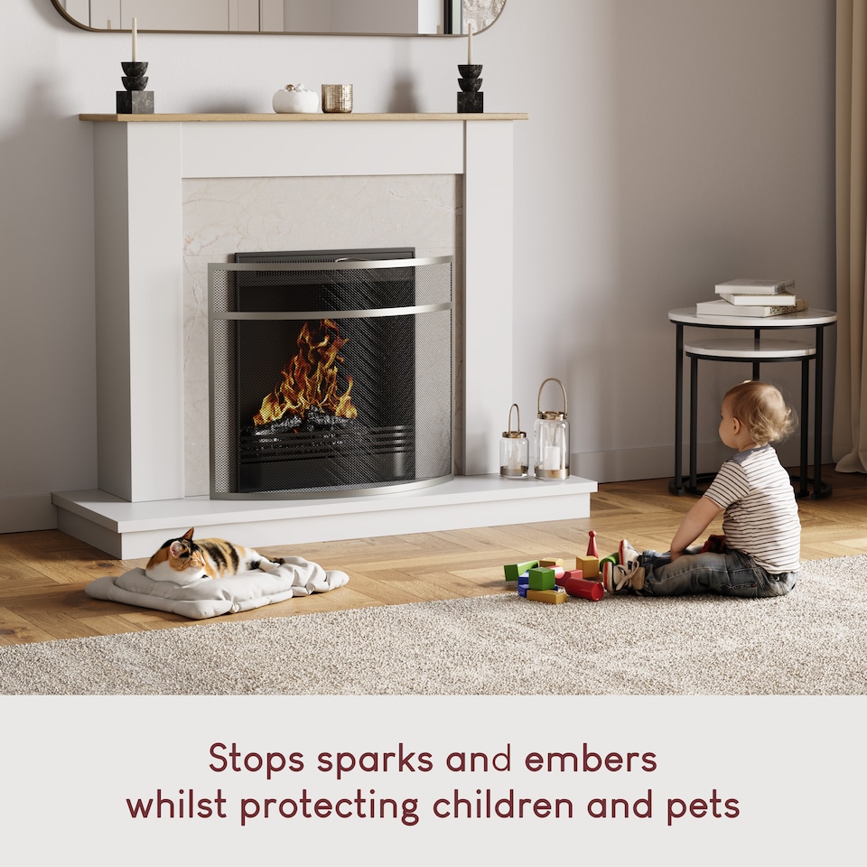 image 1 of Fire Vida Buckton Fire Guard Curved Fireside Fireplace Screen Accessory, Nickel