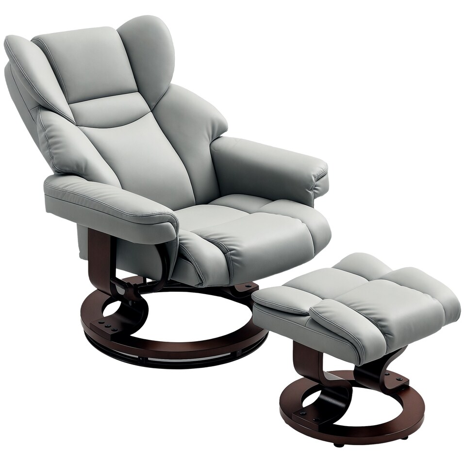 image 1 of HOMCOM 360 Swivel Recliner Chair with Footstool, PU Leather Manual Recliner Armchair with Footstool, Solid Wood Base, Upholstered Reclining Chair for Living Room, Bedroom, Office, Light Grey