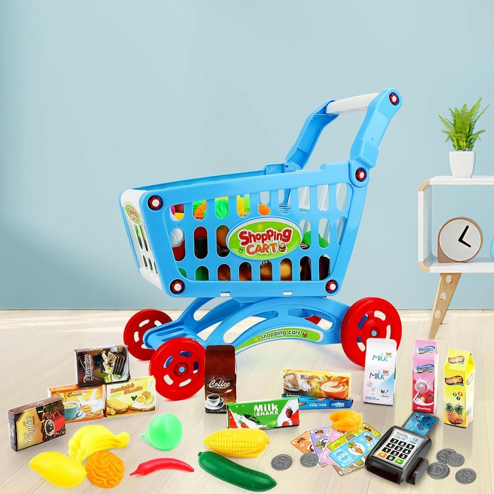 image 1 of Shopping Cart Trolley Play Set for Children – Includes 78 Grocery Food, Fruit, and Vegetable Accessories (Blue)