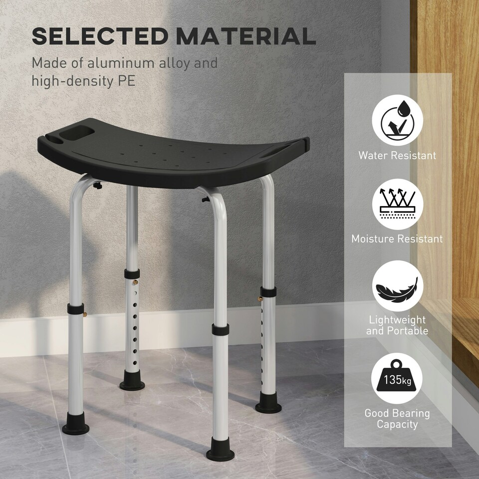 image 1 of HOMCOM Aluminium Shower Stool w/ Adjustable Height Non-Slip Bath Stool Black