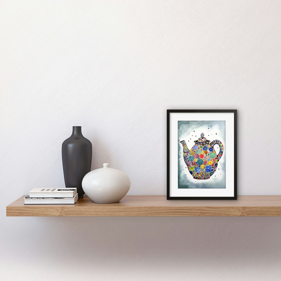 image 1 of Colourful Teapot Folk Art Kitchen 9x7" Black Framed Wall Art Print