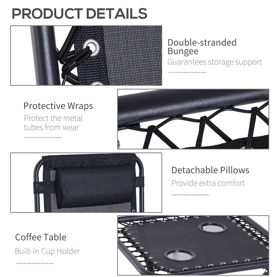 image 1 of Outsunny Folding Zero Gravity Chairs, 3 Pieces Adjustable Sun Lounger and Table Set with Cup Holder and Headrest, Patio Bistro Set with Reclining Garden Chairs for Outdoor, Black