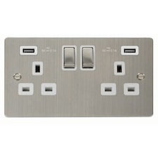SE HOME Flat Plate Stainless Steel 2 Gang 13A DP Ingot 2 USB Twin Double Switched Plug Socket - White Trim - SE Home White | Stainless Steel