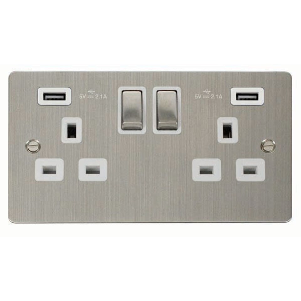 SE HOME Flat Plate Stainless Steel 2 Gang 13A DP Ingot 2 USB Twin Double Switched Plug Socket - White Trim - SE Home White | Stainless Steel