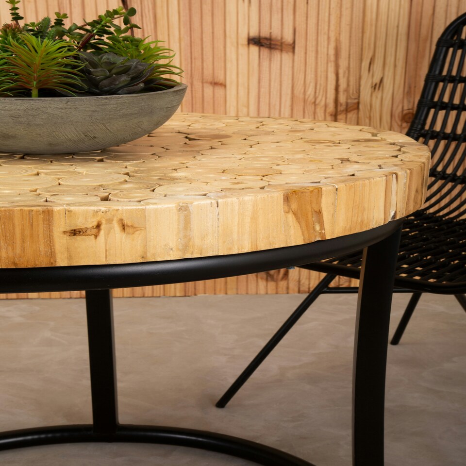image 1 of Interiors by Premier Round Teak Table with Black Iron Frame, Rustic Teak‑Inlaid Top & Minimalist Iron Base Brown