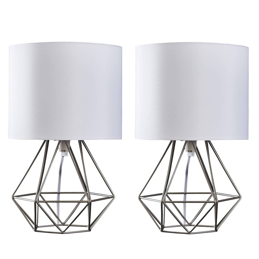 ValueLights Angus Pair Brushed Chrome Table Lamp White Shade