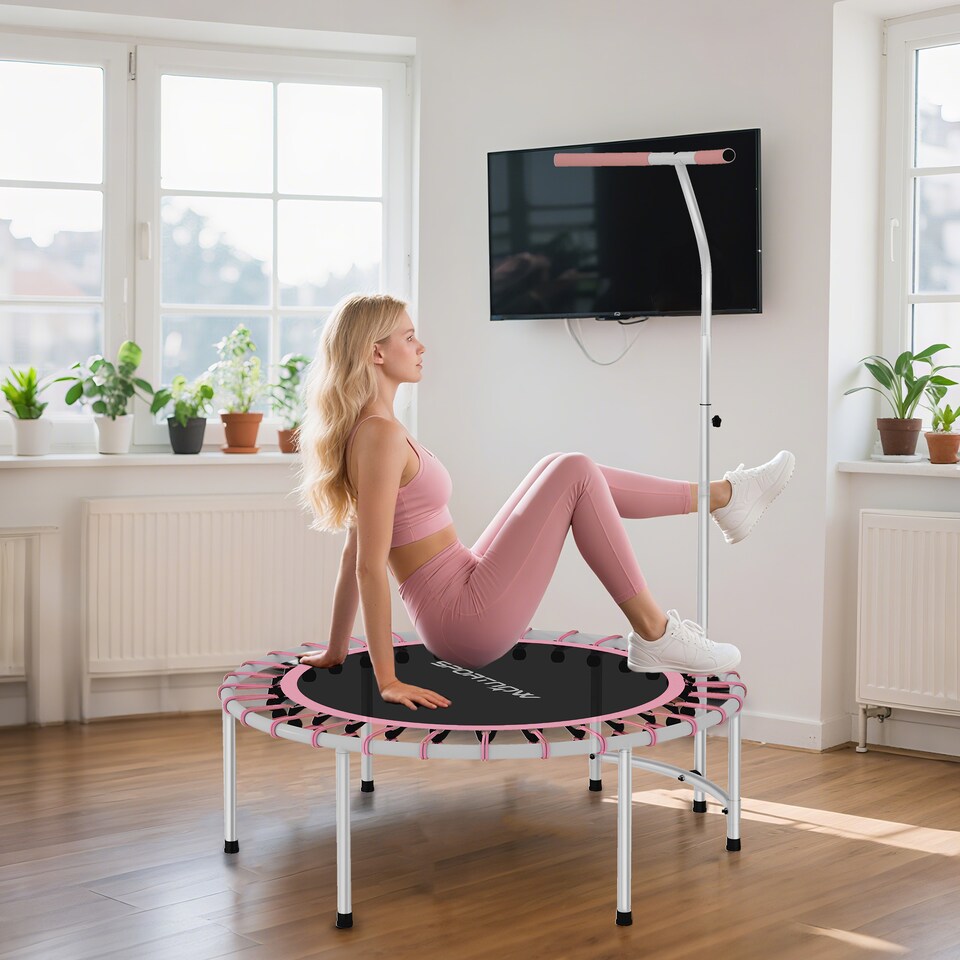 image 1 of SPORTNOW 40" Fitness Trampoline, Mini Rebounder Trampoline for Adults with 5-Level Adjustable Handle, Indoor Exercise Bungee Rebounder, Max Load 100KG, Pink | Pink
