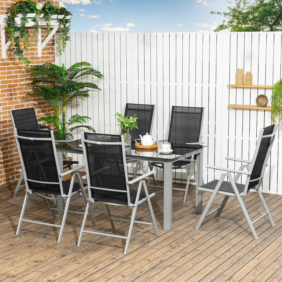 image 1 of Outsunny 7 Piece Garden Dining Set, Outdoor Table and 6 Folding and Reclining Chairs, Aluminium Frame, Tempered Glass Top Table, Texteline Seats, Grey