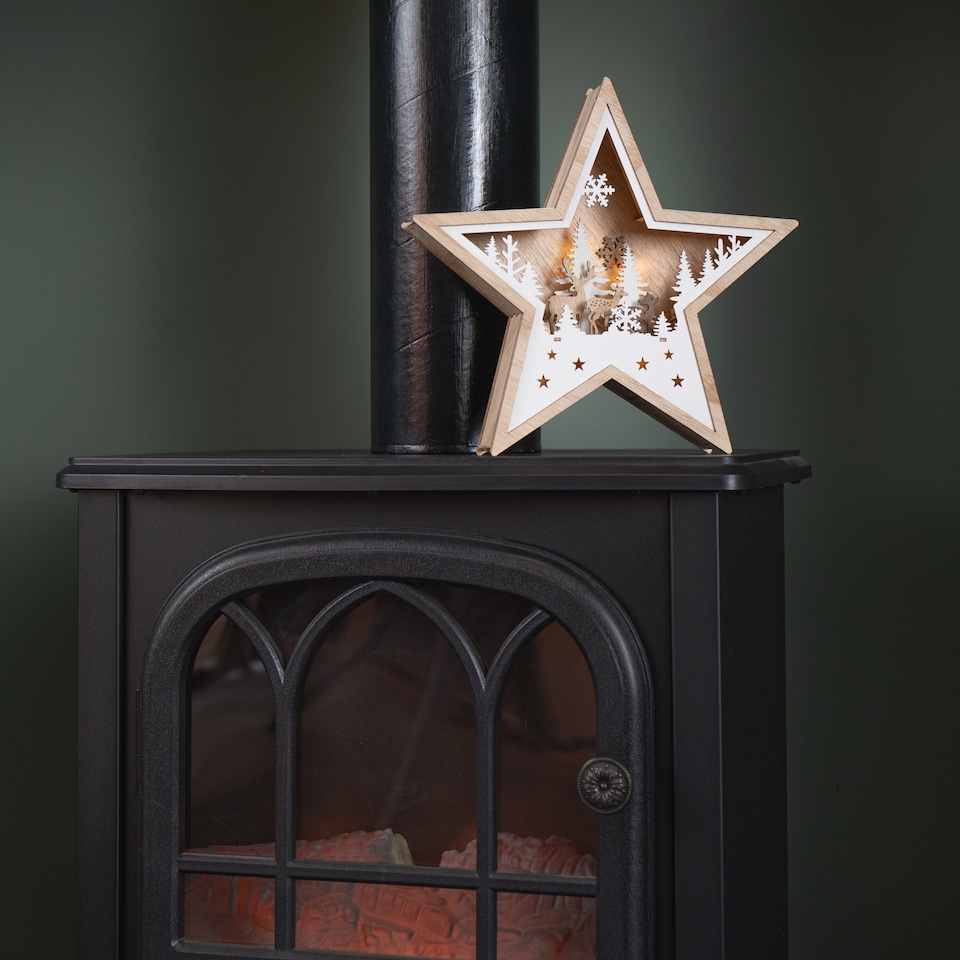 image 1 of 23cm Battery Operated Wooden Star Shape Woodland Scene Christmas Decoration