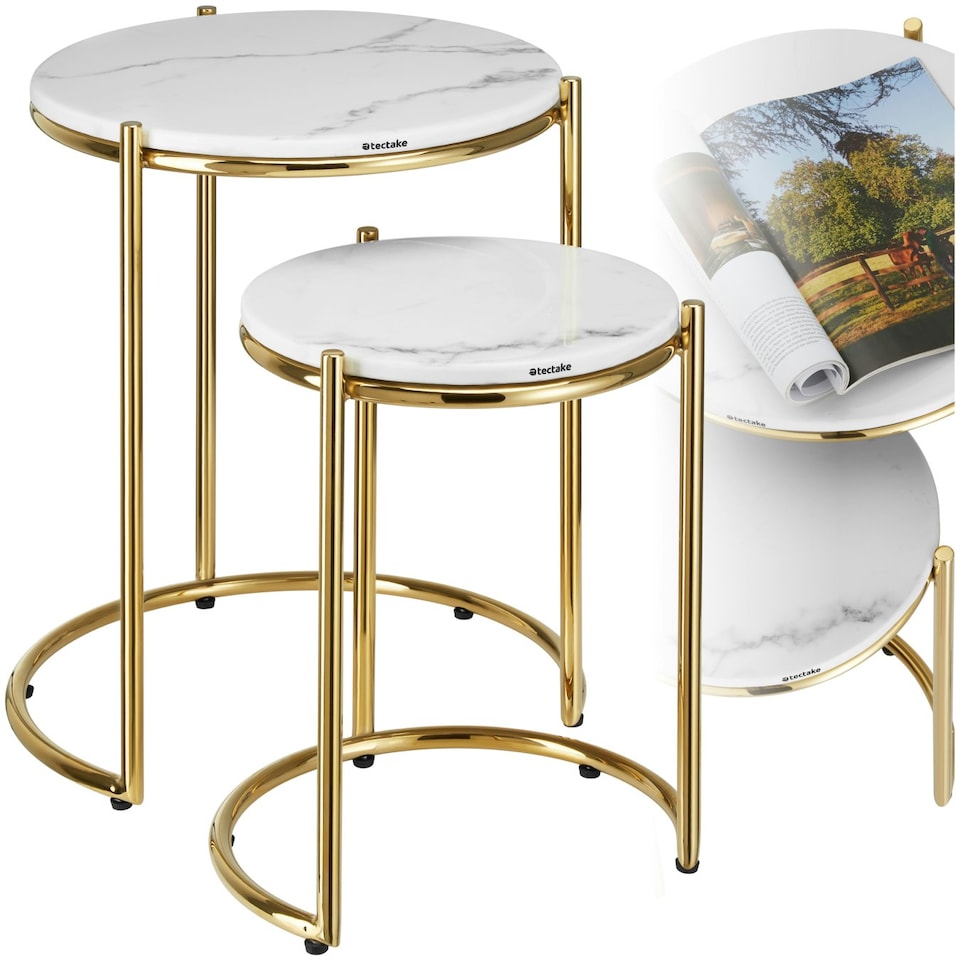 image 1 of Side Table Ellsa - marble top, steel frame, elegant design - Set of 2 | White | Gold