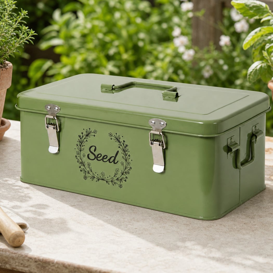 TOQUE Seed Box 4-Compartment Storage Box Metal Seed Organiser Dark Green