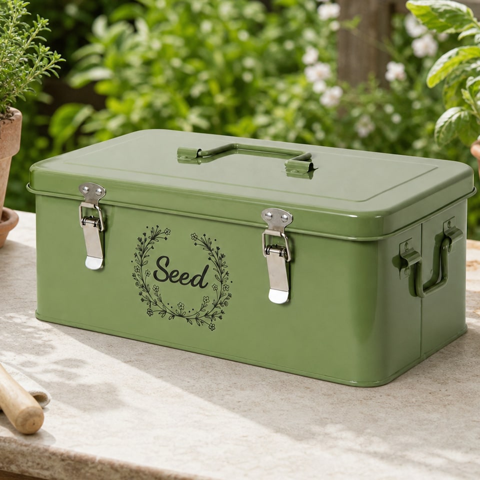image 1 of TOQUE Seed Box 4-Compartment Storage Box Metal Seed Organiser Dark Green