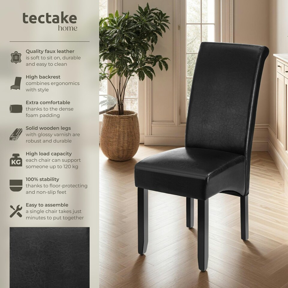 image 1 of Dining Chair - ergonomic seat shape, high backrest, padded, faux leather - Set of 4 Black