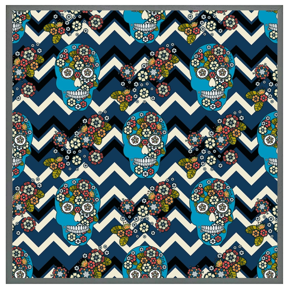 image 1 of Embroidery colourful simplified ethnic skull blue pattern (Picutre Frame) Black | XS