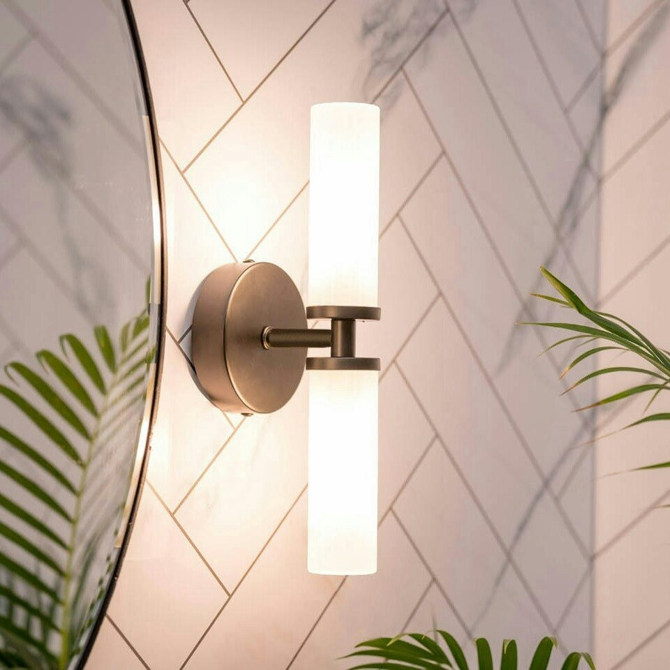 image 1 of ValueLights Canya Matte Black IP44 Bathroom 2 Way Frosted Reeded Glass Wall Light