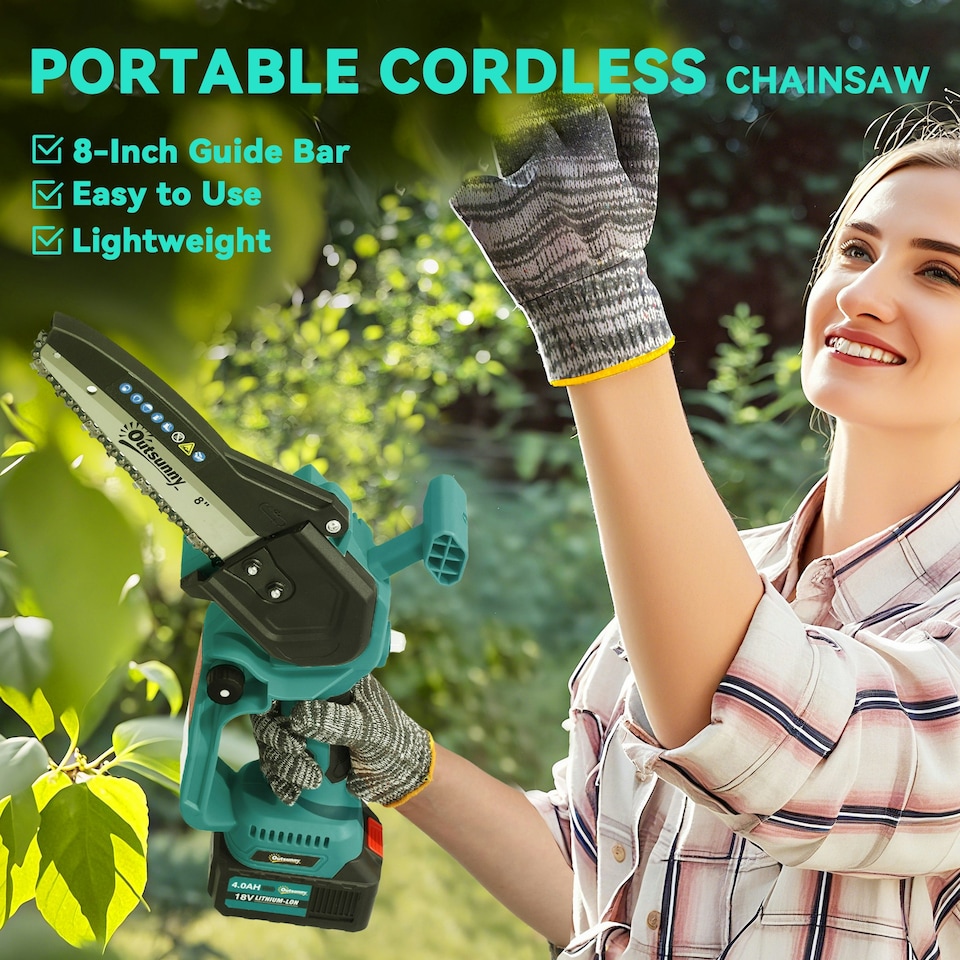 image 1 of Outsunny 8 Inch Electric Chainsaw with Brushless Motor, 2 Batteries, Blue
