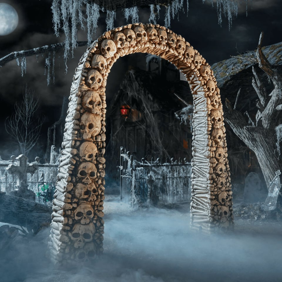 image 1 of Home Accents 7.5ft Tall Skull and Bones Halloween Entrance Archway Decoration