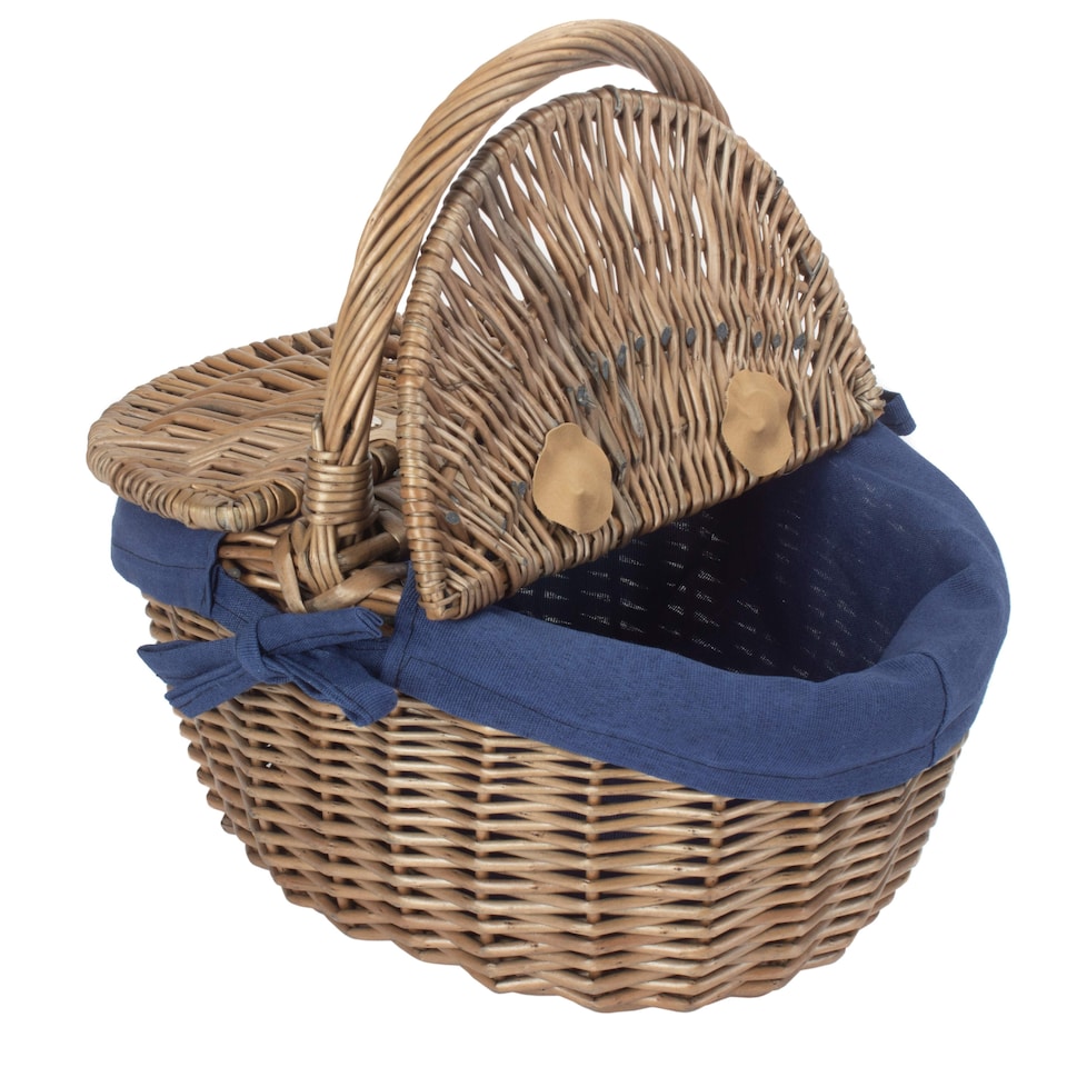 image 1 of Small Antique Wash Finish Oval Wicker Picnic Basket with Blue Lining | Blue | Navy Blue