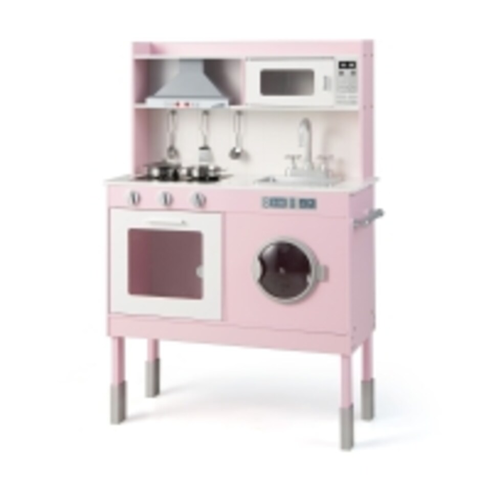 image 1 of COSTWAY Pretend Play Kitchen Toy Kitchen Playset with Range Hood-Pink