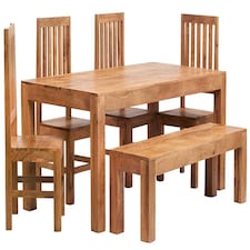 Poko Light Mango 6ft Dining Set with Bench & 4 Wooden Chairs