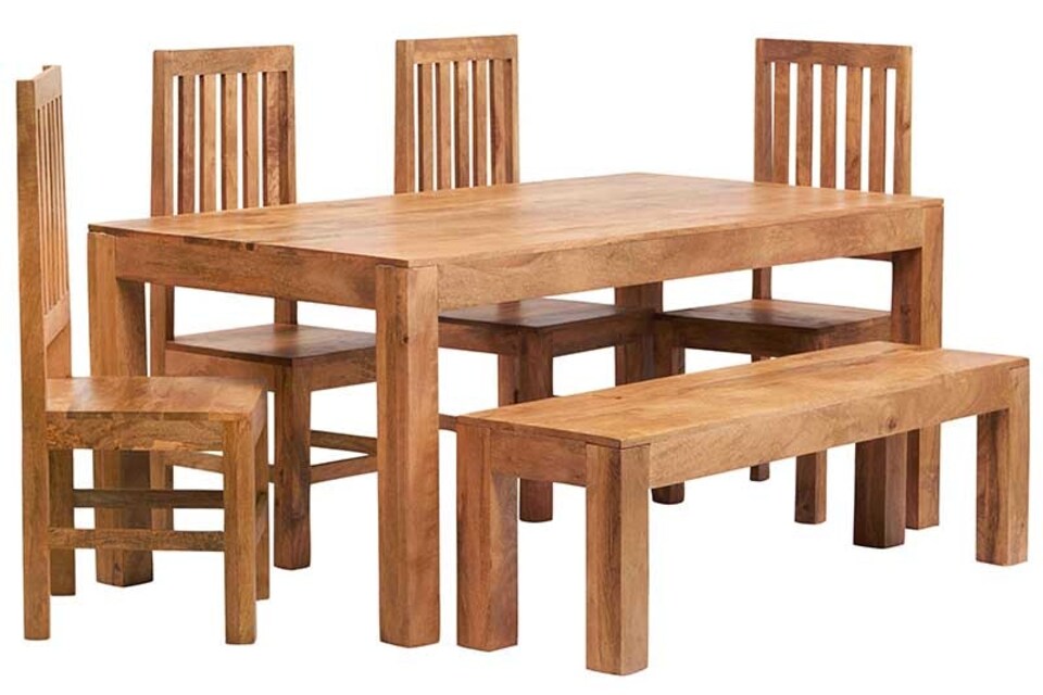 image 1 of Poko Light Mango 6ft Dining Set with Bench & 4 Wooden Chairs