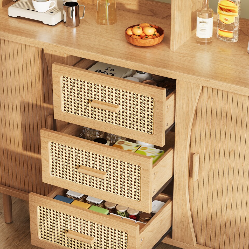 image 1 of VILUXE Tall Kitchen Storage Cabinet with Rattan-Effect Drawers and Glass Sliding Doors, 140 cm, Natural Wood
