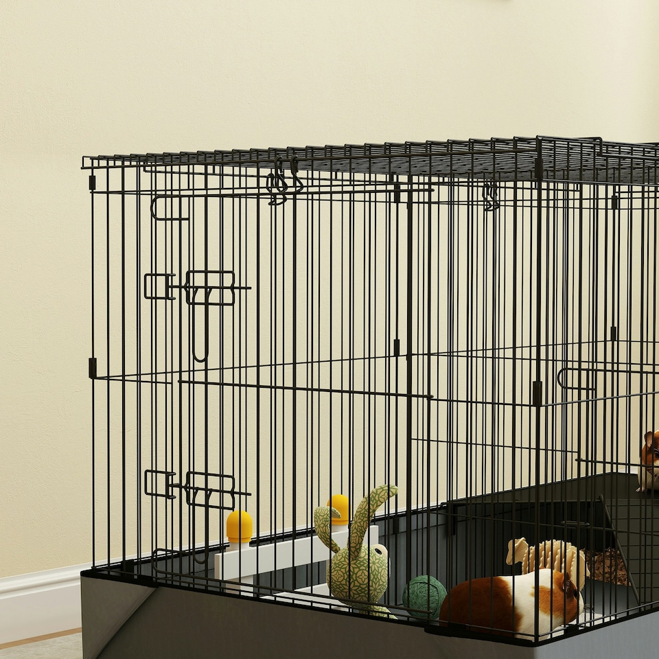 image 1 of PawHut Guinea Pig Cage, 2 in 1 Rabbit Cage Pet Playpen for Hedgehogs, Black