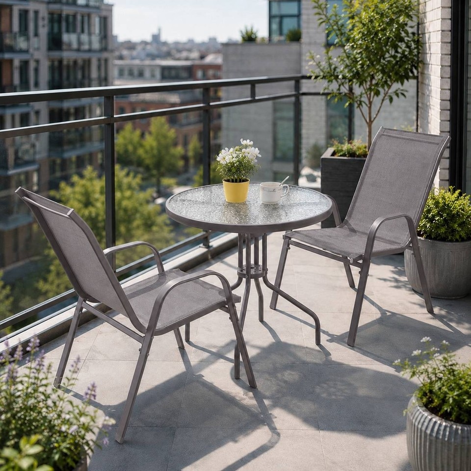 image 1 of 3 Pcs Garden Round Glass Top Table & 2 Chairs Bistro Set