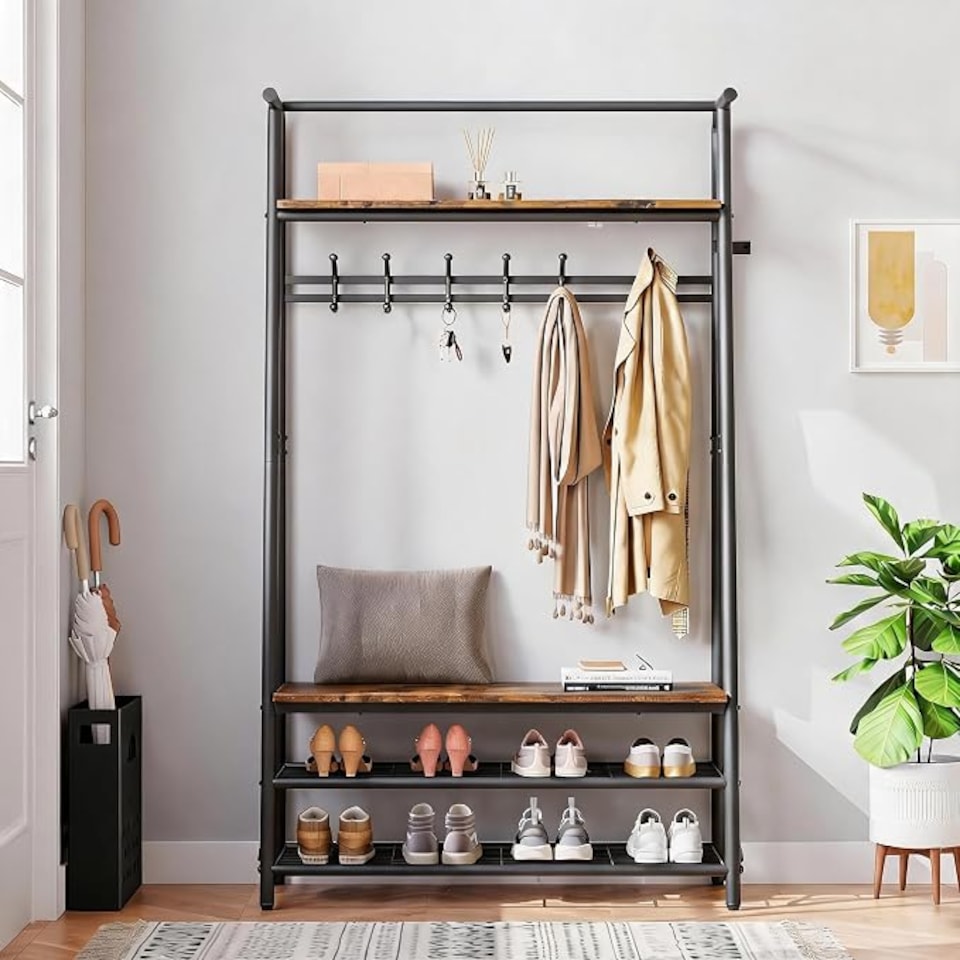 image 1 of London Boutique 4-in-1 Hall Tree with Bench and Shoe Rack, Double Coat Hooks, 60cm