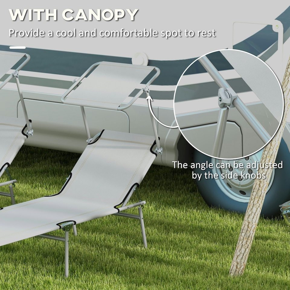 image 1 of Outsunny Folding Sun Lounger Set of 2 w/ Sunshade Adjustable Backrest Light Grey