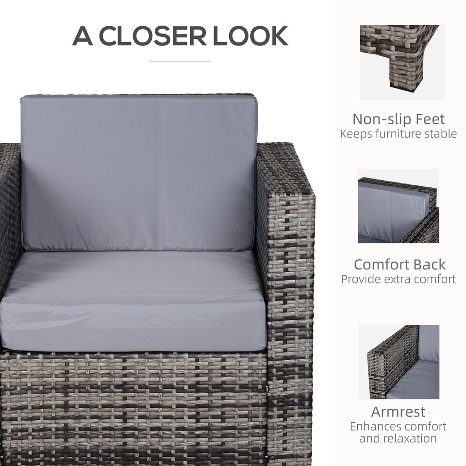 image 1 of Outsunny Single Seater Rattan Chair, PE Wicker Garden Armchair with 10 cm Thickened Cushion, All-Weather Rattan Garden Chair with Armrests, Grey | Grey | Grey | One Size