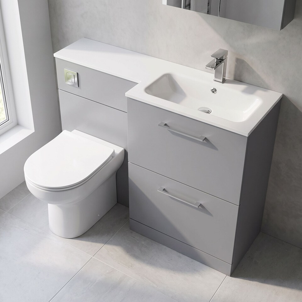 image 1 of Balterley Bramshall Contemporary Floor Standing 2 Drawer Vanity Basin WC Combination Unit, Stone Basin, Right Hand, 1100mm, Satin Grey