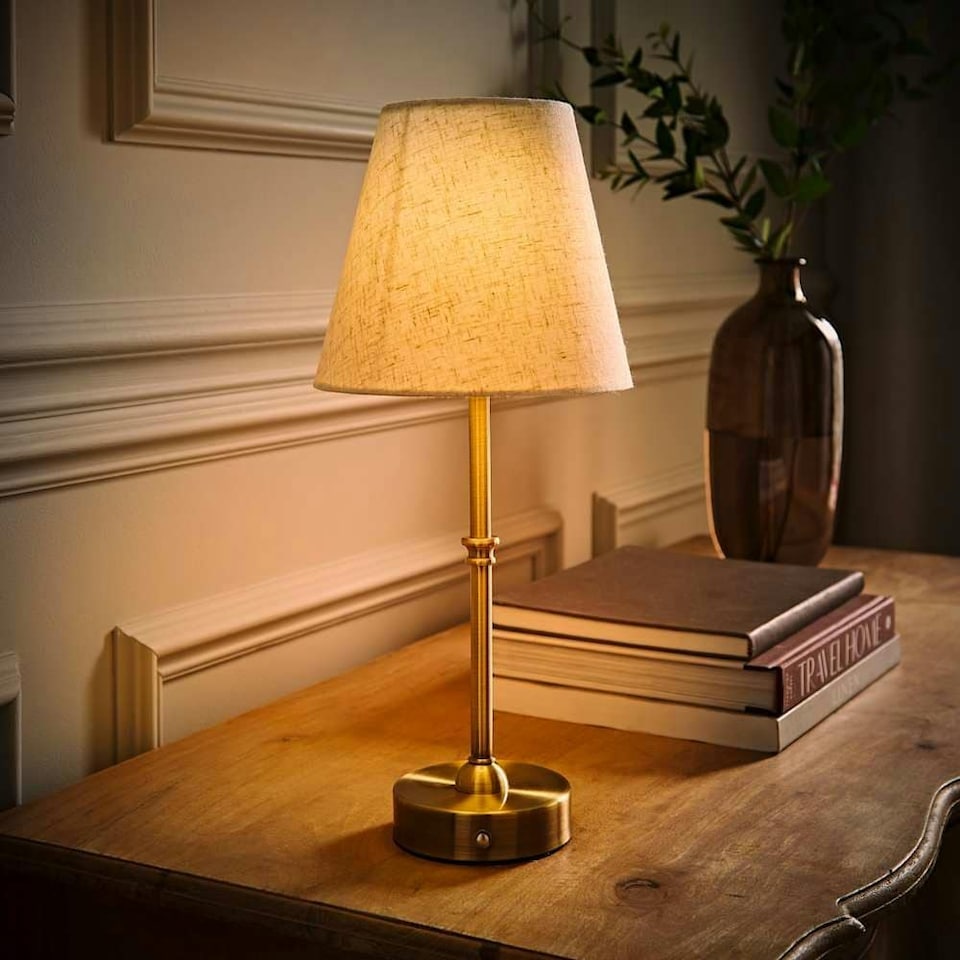 image 1 of ValueLights Lowe Brushed Gold Table Lamp with Natural Tapered Shade and Globe LED 2W Cool White 2700K Bulb
