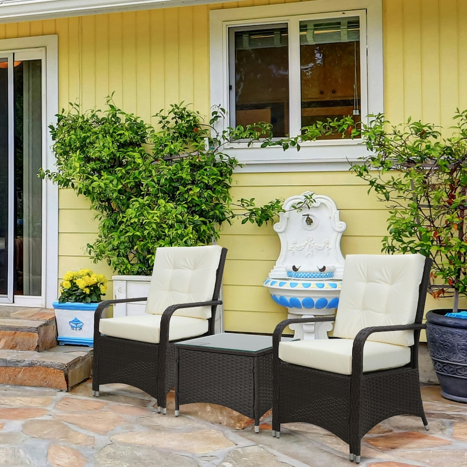 image 1 of Outsunny Rattan 3PCs Chair Table Bistro Set Patio Set with Steel Frame