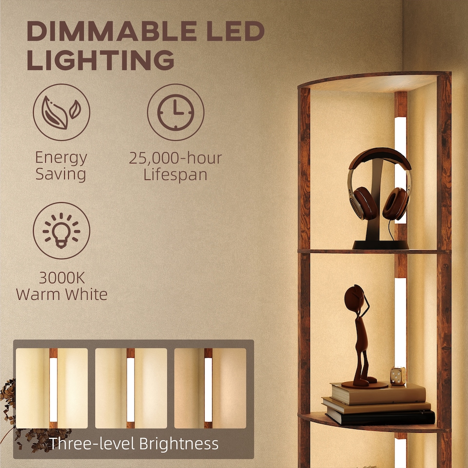 image 1 of HOMCOM LED Floor Lamp with Shelves, 4 Layers Dimmable Modern Standing Lamp with 3 Brightness Levels and Foot Switch for Living Room, Bedroom, Office, Rustic Brown