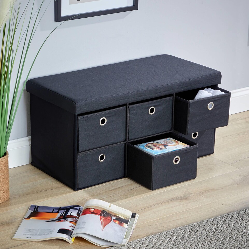 image 1 of Folding Ottoman Storage Bench 6 Drawer Compact Space-Saving Furniture | Black