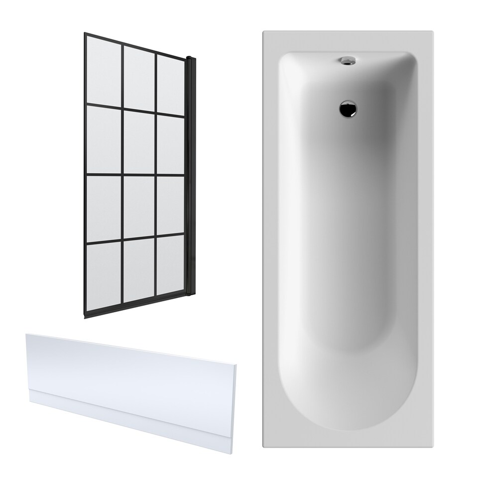 image 1 of 1700 x 700mm Shower Bath Bundle Single End Round Tub, Front Panel & Square Bath Screen - Black Framed White