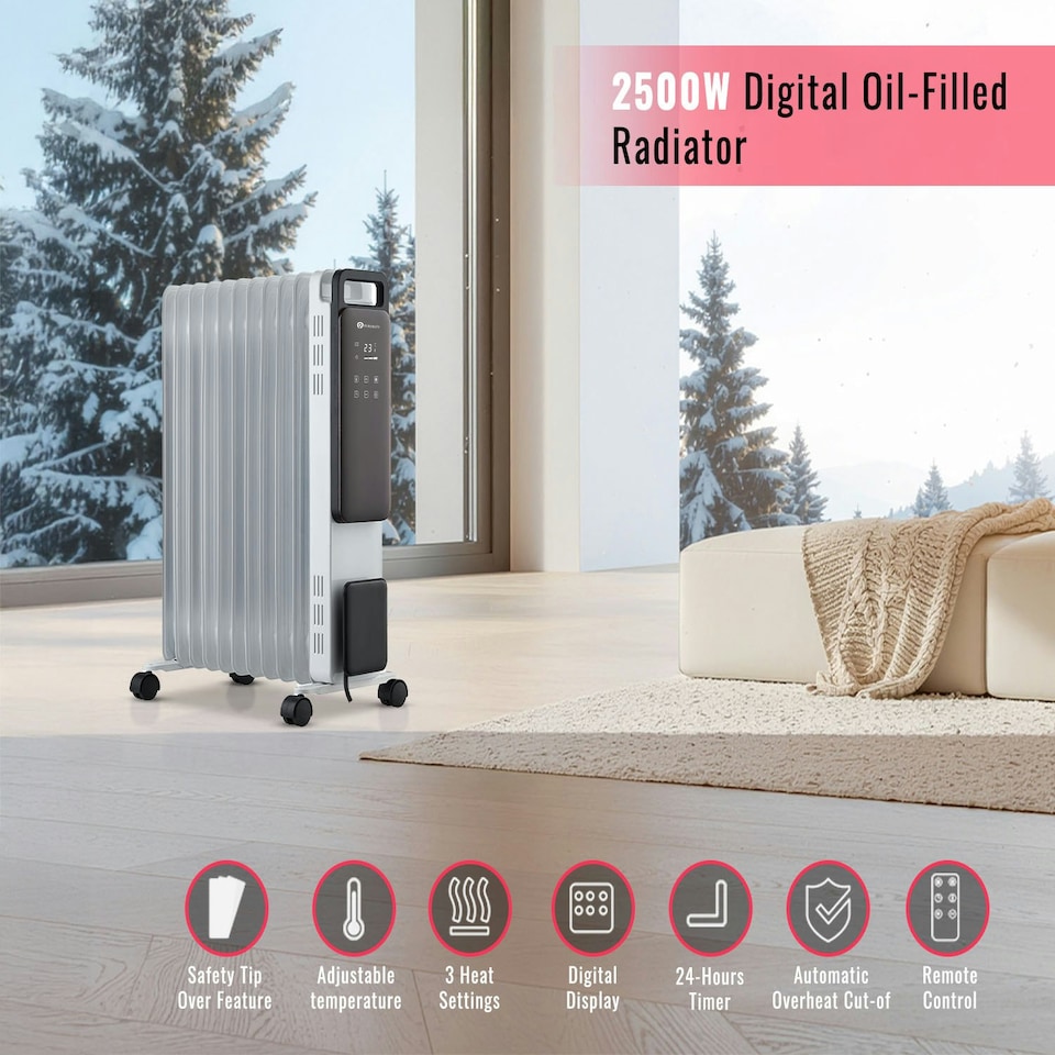 image 1 of PureMate 2500W Oil Filled Radiator, 11-Fin Portable Heater with Digital Thermostat, 24h Timer, ECO Mode & Touch Control