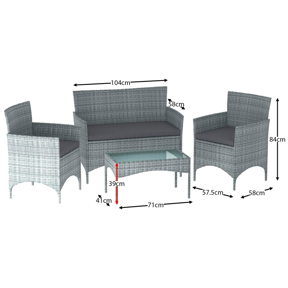 image 1 of Garden Vida Kendal 4 Seater Rattan Set Chair Sofa Coffee Table Outdoor Garden Furniture, Grey