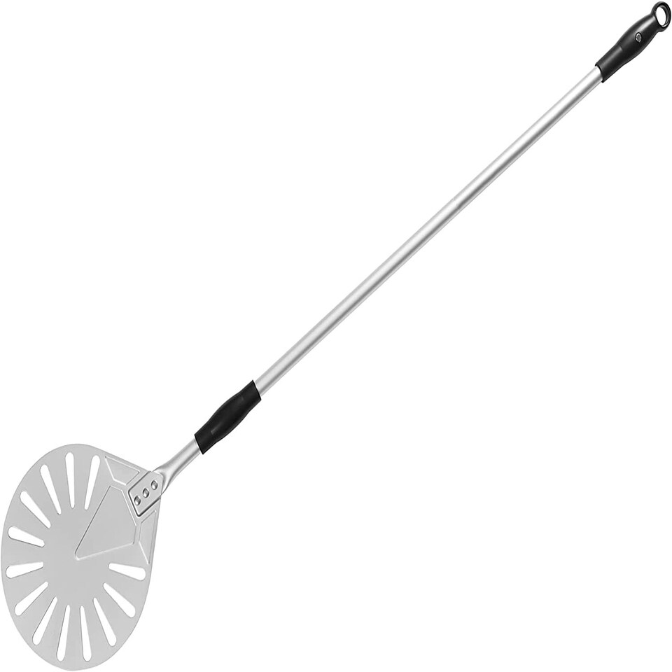 image 1 of Pizza Peel Paddle 9" 23cm Aluminium Round Perforated Oven Adjustable Detachable
