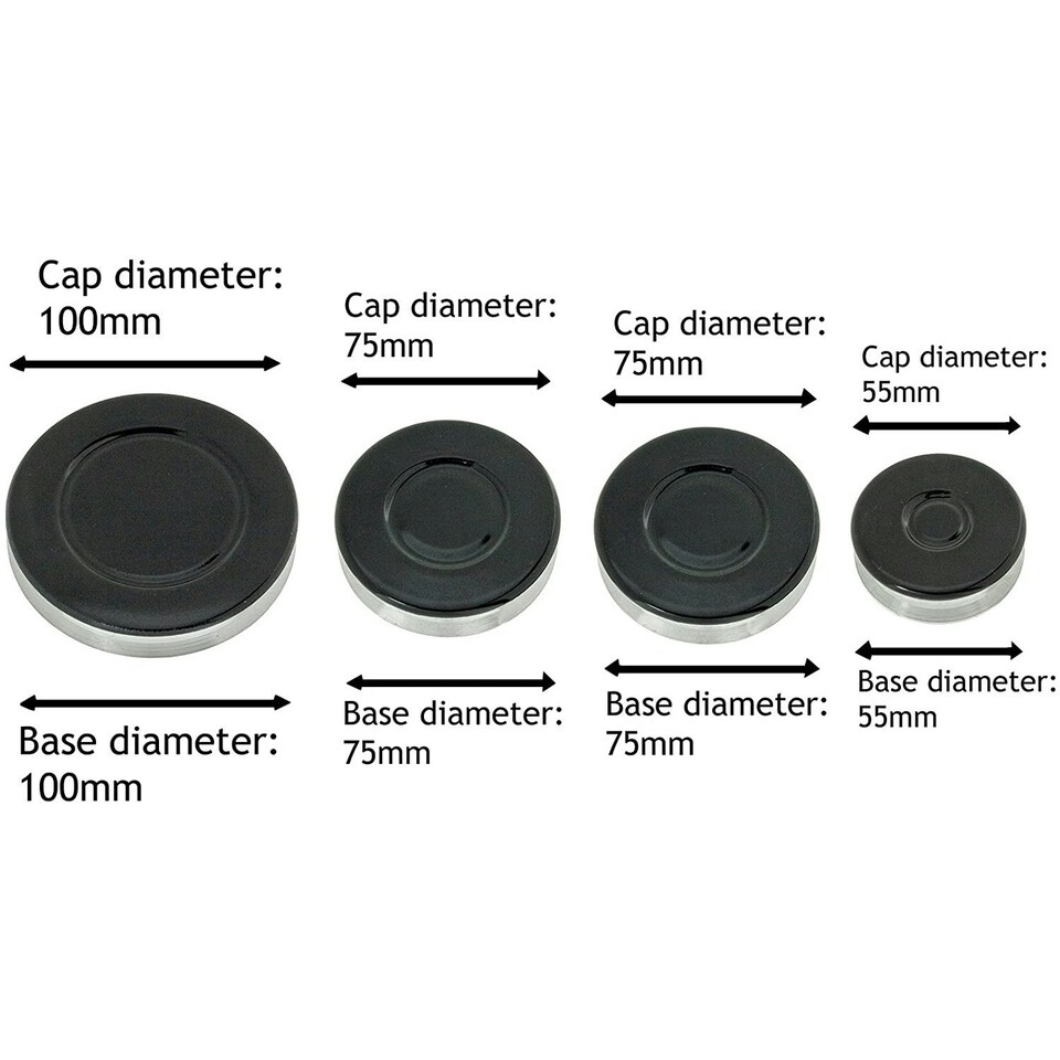 image 1 of SPARES2GO (Non Universal) Oven Cooker Hob Gas Burner Crown & Flame Cap Kit for Logik (Small, 2 Medium & Large, 55mm - 100mm)