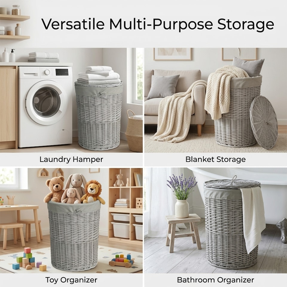image 1 of Wicker Laundry Hamper Basket, Laundry Basket with Lid, Round Washing Baskets, Wicker Wash Baskets with Lining Bathroom Storage (Grey, Medium)