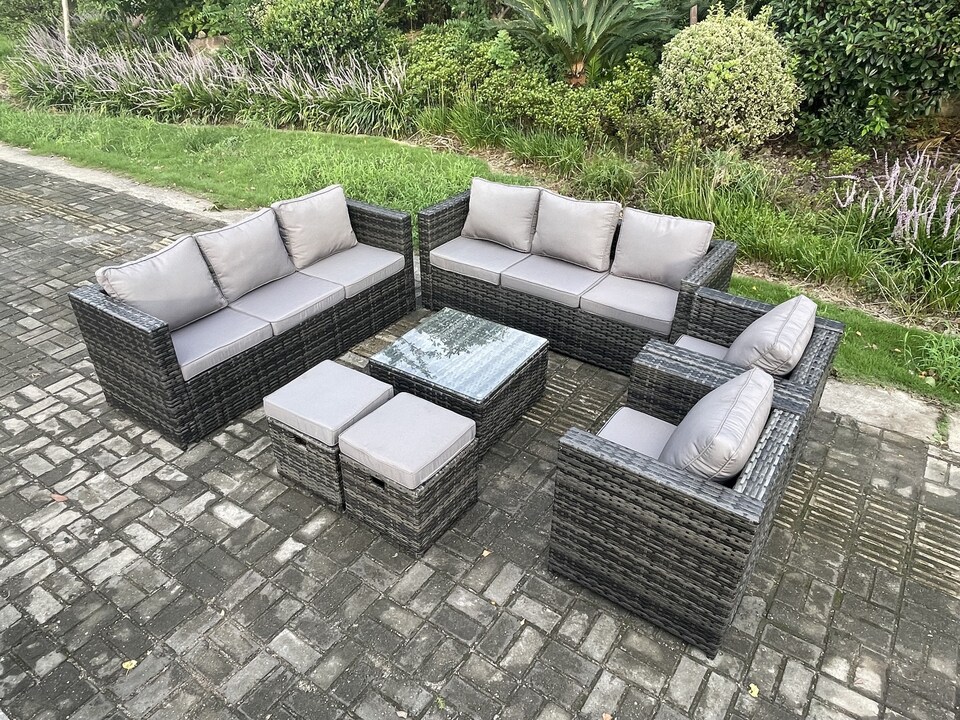 image 1 of Fimous 10 Seater Rattan Garden Furniture Sofa Set with 2 Armchairs Square Coffee Table 2 Small Footstools Indoor Side Table Outdoor Rattan Set Dark Grey Mixed
