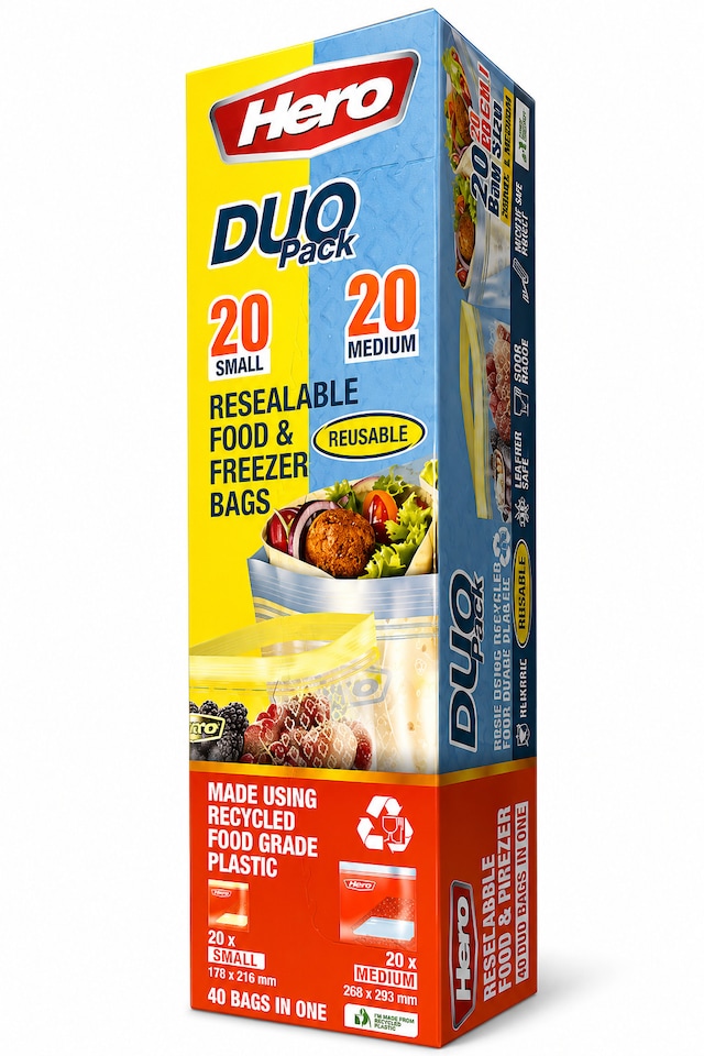 image 1 of Hero Resealable Food & Freezer Bags Duo Pack 40 Pack – 20 Small & 20 Medium Reusable Ziplock Food Storage Bags