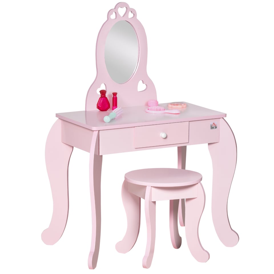 image 1 of HOMCOM Kids Vanity Table & Stool Girls Dressing Set Make Up Desk with Mirror | Pink