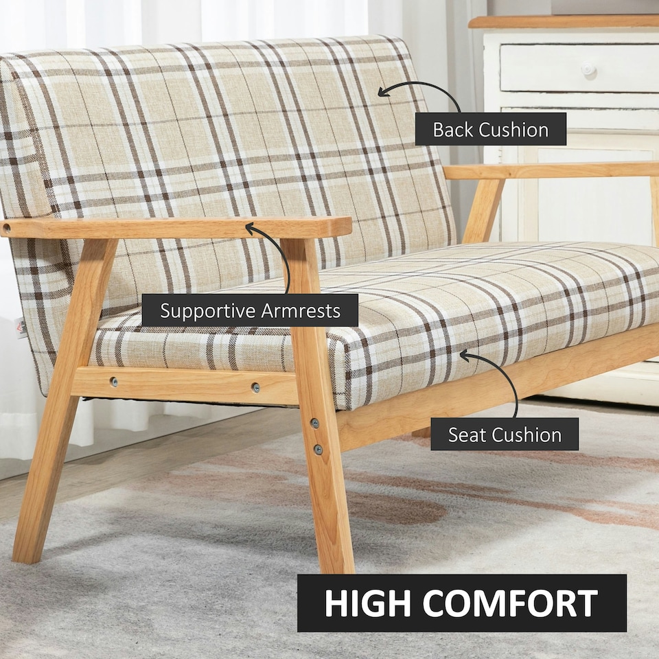 image 1 of HOMCOM Two Seater Sofa with Rubber Wood Frame Linen Fabric Small Couch Beige