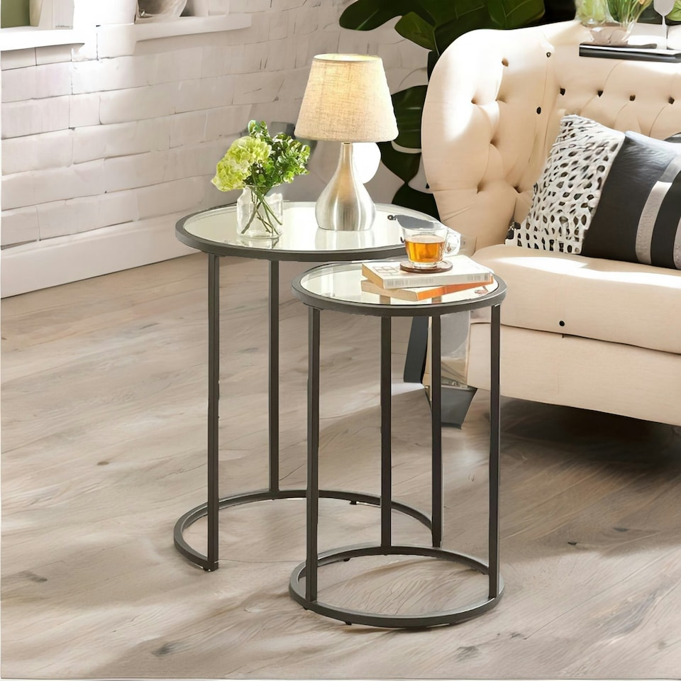 image 1 of Set Of 2 Round Nesting Coffee Tables With Tempered Glass Top Black Black