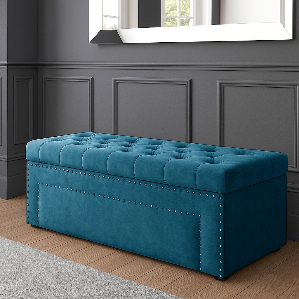 137cm Duke Ottoman Storage Box -Upholstered Blanket Box - Emerald Green Plush Velvet Multifunctional Storage Box