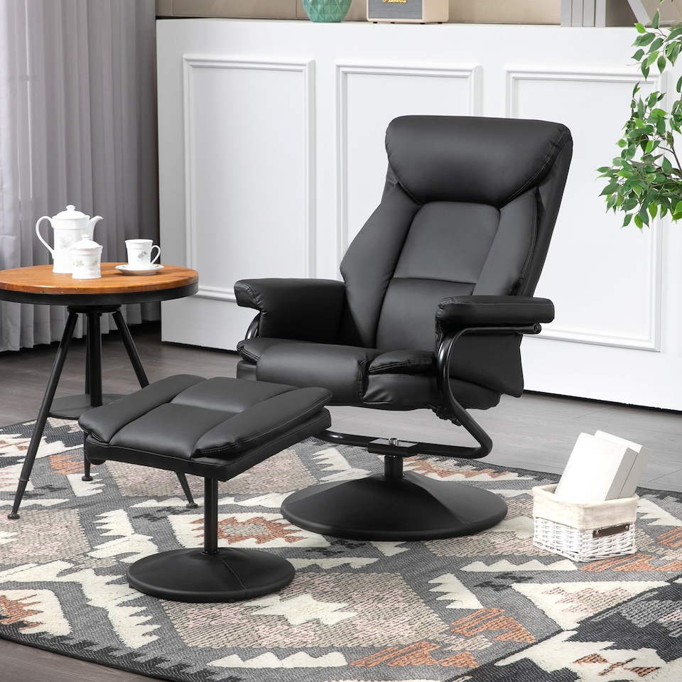 image 1 of HOMCOM Swivel Recliner Chair with Footstool, PU Leather Recliner Armchair with Ottoman, Steel Base, Upholstered Reclining Chair for Living Room, Bedroom, Office, Black | Black | Black